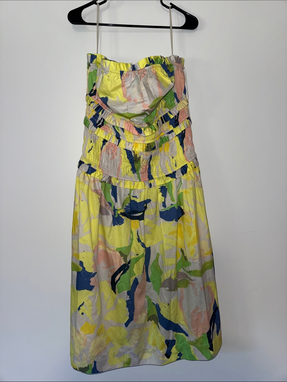Women’s Strapless Yellow Floral Summer Dress with Ruffle Bodice